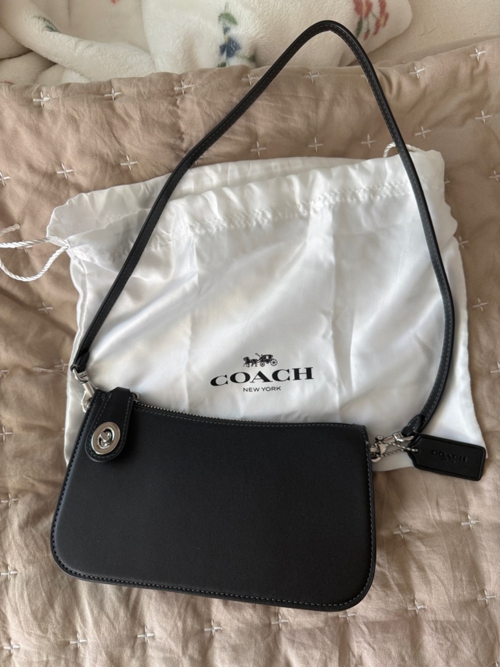 Coach Black Leather Shoulder Wristlet with Silver Hardware